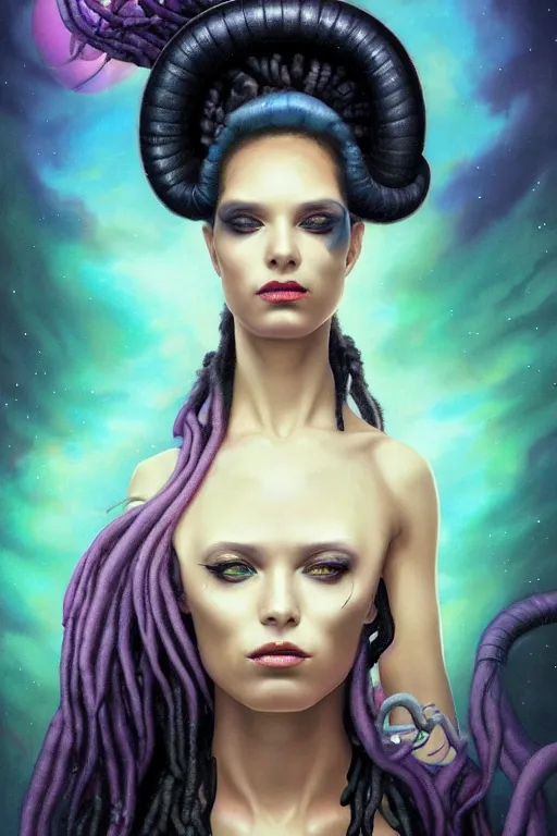 Image similar to portrait of an alien woman queen with long floating snake dreads, straight on portrait, by artgerm, tom bagshaw, gerald brom, vaporwave colors, lo - fi colors, vaporwave, lo - fi, moody vibe, goth vibe, 4 k, hd,