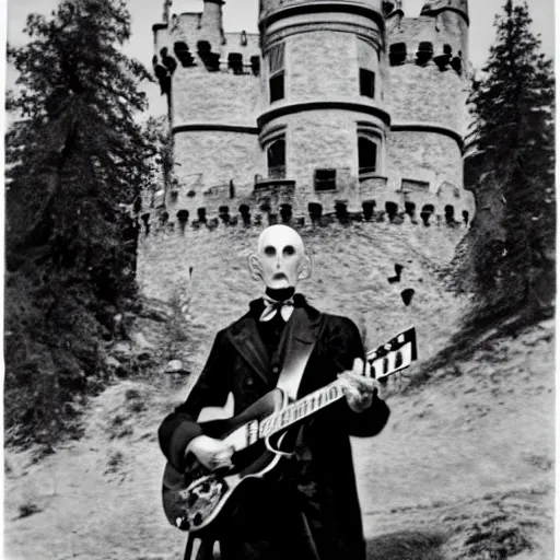 Image similar to vintage photograph of count orlok outside his castle, playing the blues on guitar, castle in the background, 4 k