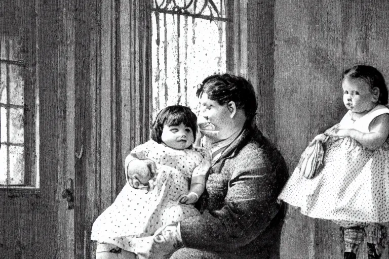 Prompt: charming and chubby parents and their very fat baby girl, wearing a polka dot cloths and a victorian - style hairdo, sits in the large and bright studio. sunlight enters through the barred window. modern etching style. beautiful lighting, 4 k post - processing, highly detailed, 5 k extremely detailed, 3 d. cinematic scene.