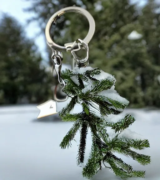 Prompt: realistic keychain of 'a snowy pine tree'