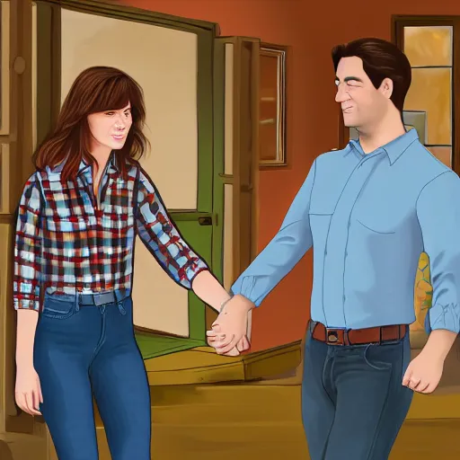 Prompt: On the right there is a brown-haired man wearing a blue plaid shirt holding the hand of a brown-haired woman wearing a light blue blouse and jeans and looking at him angrily, The man is looking behind him and whistling appreciatively at a blurred woman wearing a red sleeveless dress in the foreground, intricate, elegant, highly detailed, digital painting, artstation, concept art, smooth, sharp focus, illustration, art by artgerm and greg rutkowski and alphonse mucha and andrei riabovitchev