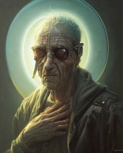 Prompt: a detailed portrait of cyberpunk old man by Tomasz Alen Kopera and Peter Mohrbacher