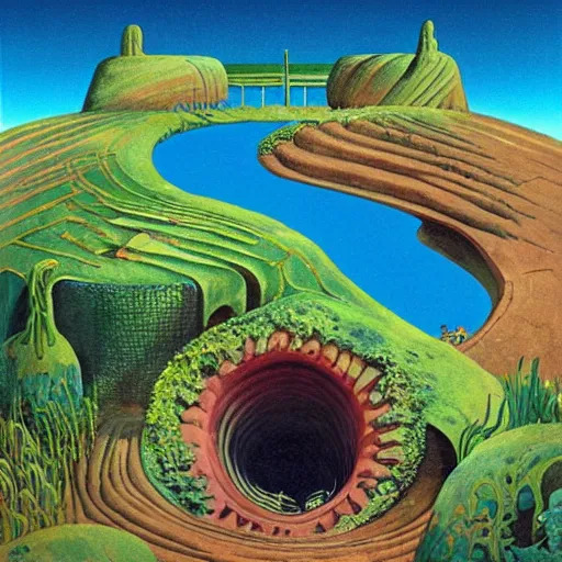 Image similar to a cylindrical pit in the ground with a city inside, painting by Roger Dean