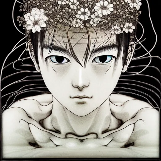 Image similar to prompt: Black and white Fragile looking vessel portrait face drawn by Katsuhiro Otomo, nymph in the water performing alchemy, small flowers and cables and wire around and on the side with artifacts, intricate oil painting, soft light, intricate detail, intricate oil painting detail, sharp high detail, manga and anime 2000