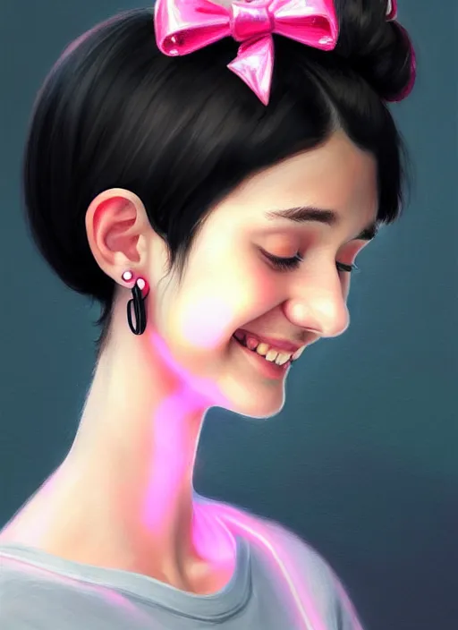 Image similar to portrait of teenage girl, realistic, black hair, bangs, half updo hairstyle, pointy nose, skinny, smile, ugly, defined jawline, big chin, pink hair bow, earrings, intricate, elegant, glowing lights, highly detailed, digital painting, artstation, sharp focus, illustration, art by wlop, mars ravelo and greg rutkowski