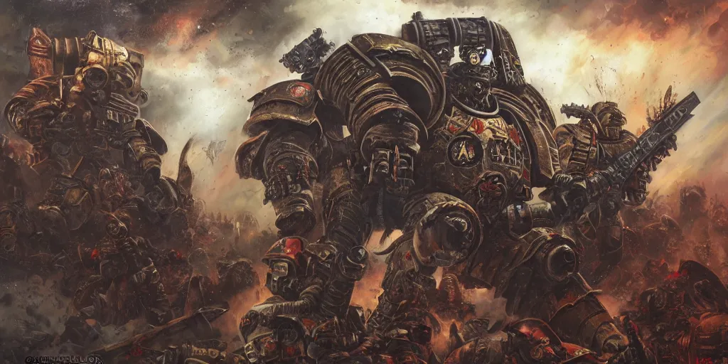 Prompt: Warhammer 40K battle with Leatherface as a space marine, art style of John Blanche, hyper detailed, award winning