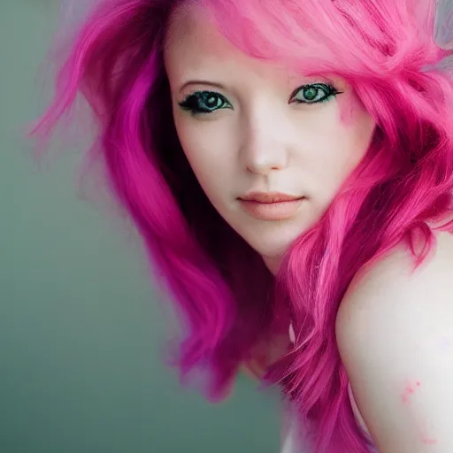 Image similar to a beautiful woman with pink hair and fair skin, portrait photograph, nikon 3 5 mm, photograph