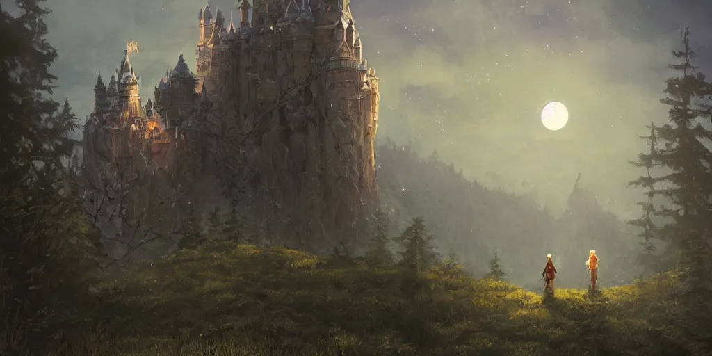 Prompt: a glowing wizard approaches a towering castle on a moonlit night, close up portrait, dark fantasy, Greg Rutkowski and Studio Ghibli and Ivan Shishkin