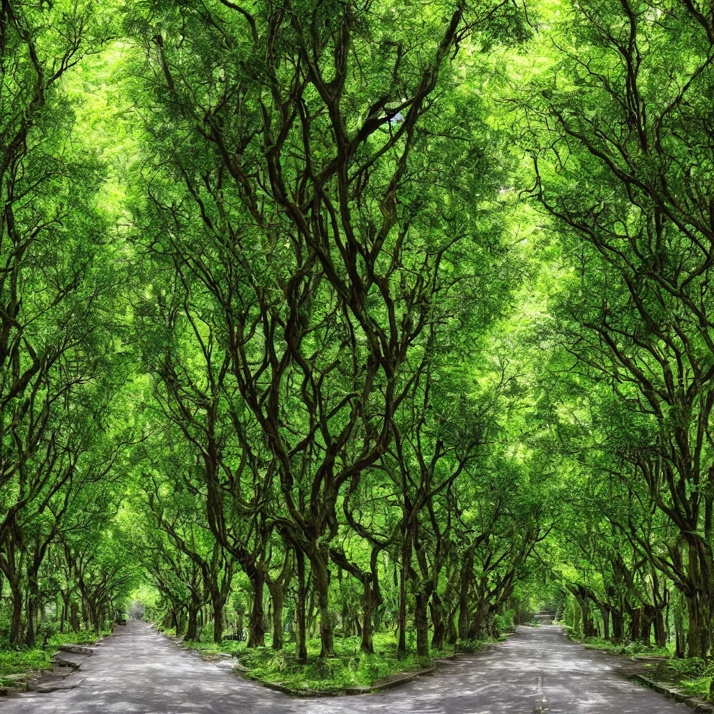 Image similar to a street overgrown with a lush forest