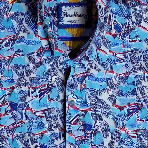 Prompt: Robert Graham shirt inspired by great white sharks, print detail, product photography