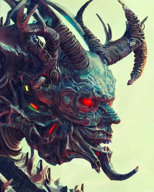 Image similar to a painting of a demon with large horns, cyberpunk art by Android Jones, zbrush central contest winner, fantasy art, apocalypse art, detailed painting, intricate