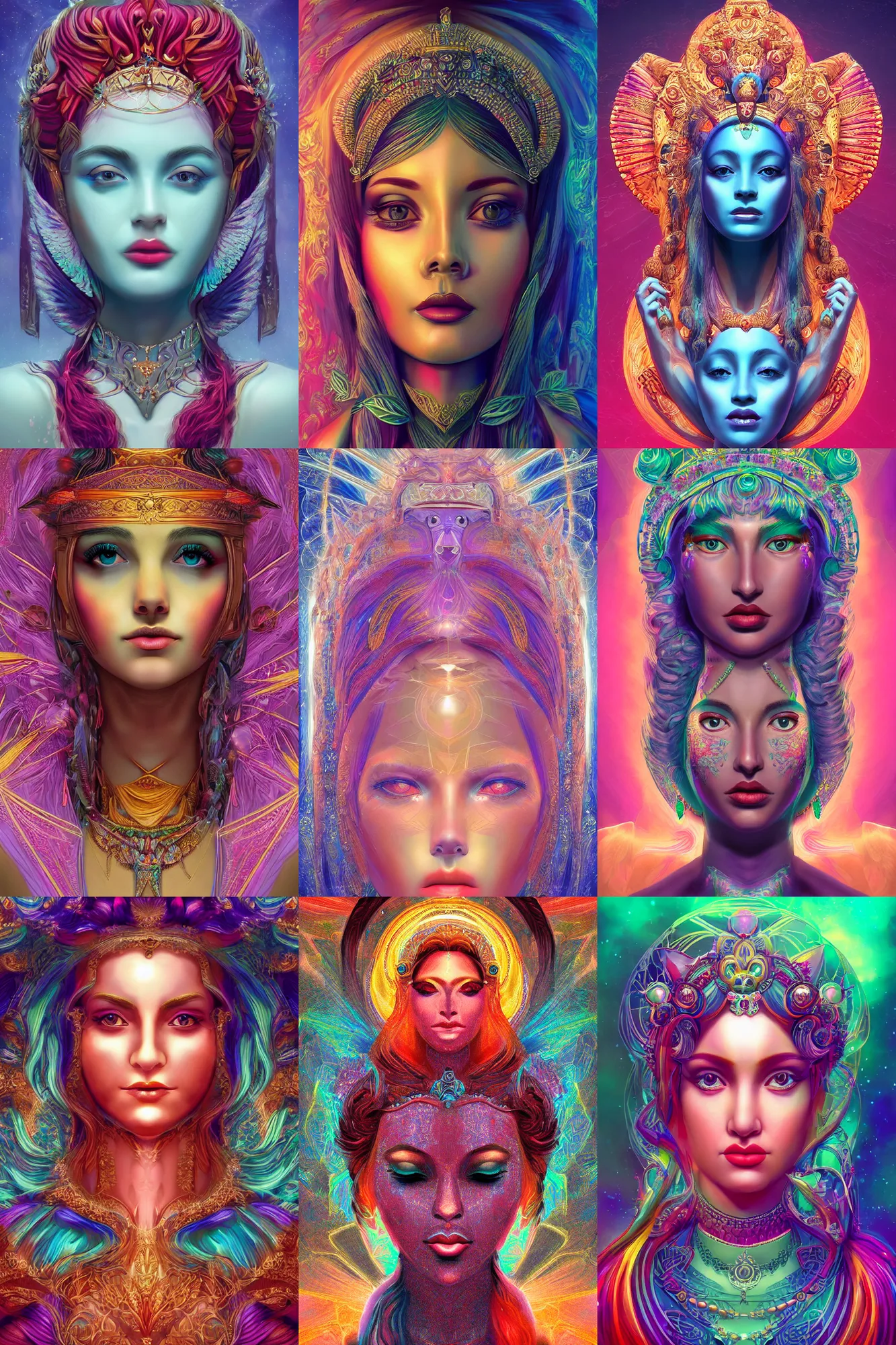 Prompt: symmetric portrait of the goddess of dreams. divine, vibrant, high quality digital art, trending on artstation, crisp, intricate details, beautiful, subsurface scattering