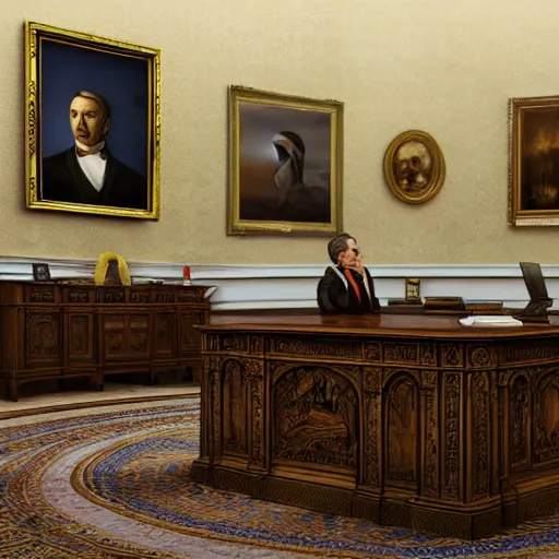 Image similar to hyperrealistic mixed media image of a illustrious duck in a tiny blazer and tie standing in the desk in the oval office, stunning 3 d render inspired art by istvan sandorfi and greg rutkowski, perfect facial symmetry, realistic, highly detailed attributes and atmosphere, dim volumetric cinematic lighting, 8 k octane extremely hyper - detailed render, post - processing, masterpiece,