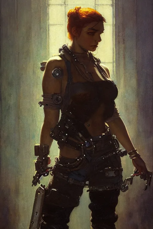 Image similar to full character portrait max mad cyberpunk, machinist tech solider girl character design, painting by gaston bussiere, katsuya terada, nc wyeth, greg rutkowski, craig mullins, vermeer, frank frazetta, tom of finland, trending on artstation, jeffery catherine jones