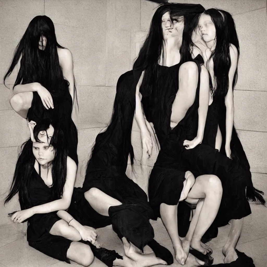 Image similar to a young girl with straight long black hair wearing black dress and sitting on bathroom floor, art by artgem with help of mario testino and vanessa beecroft