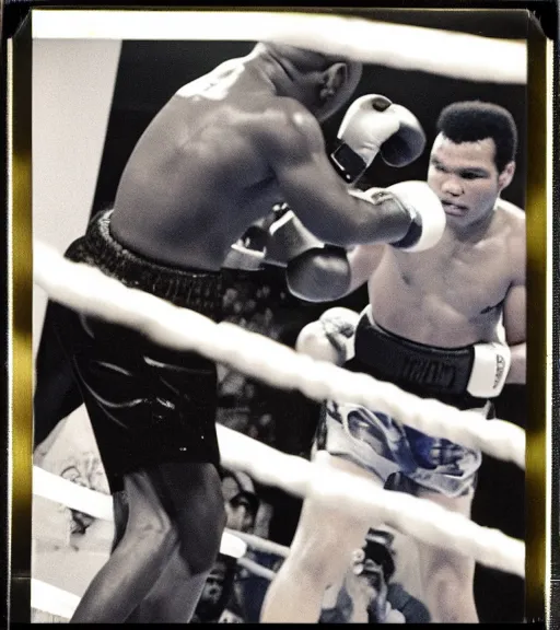 Image similar to photograph of Mike Tyson boxing Mohammed Ali round 12 heavy weight championship, taken on instant film polaroid, signed by mike tyson and mohammed ali