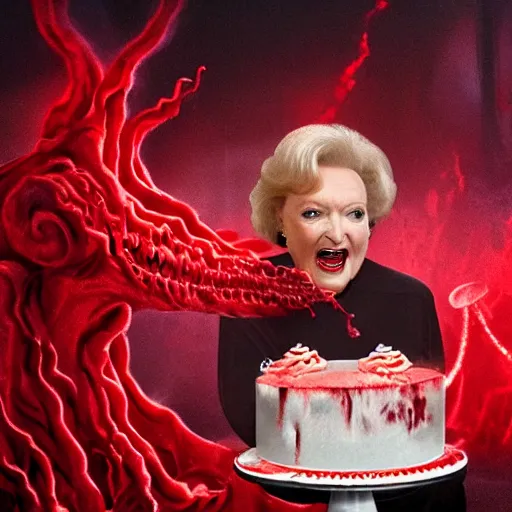 Image similar to betty white baking a cake horror atmospheric red jelly fog eldritch nightmare