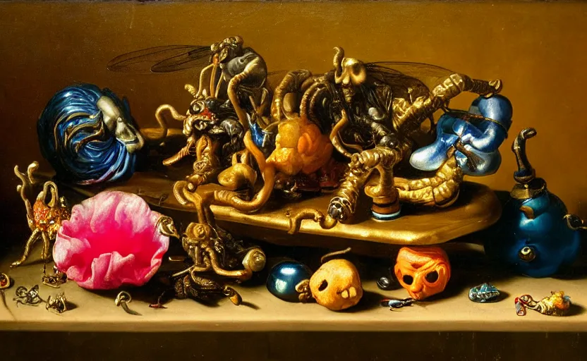 Image similar to disturbing colorful oil painting dutch golden age vanitas still life with bizarre objects strange gooey surfaces shiny metal bizarre insects rubber silk rachel ruysch dali todd schorr very detailed perfect composition rule of thirds masterpiece chiaroscuro canon 5 0 mm, cinematic lighting, photography, retro, film, kodachrome