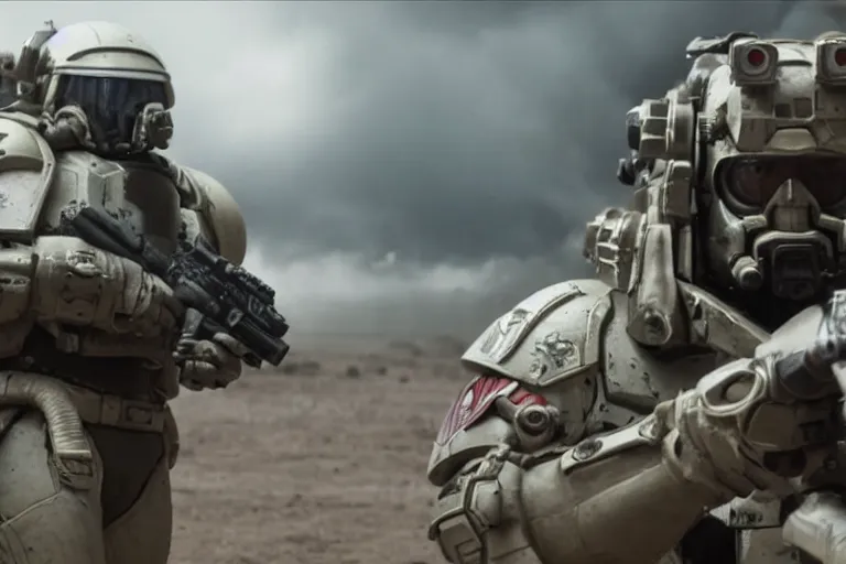 Image similar to VFX movie of a futuristic spacemarine in war zone, shooting gun natural lighting by Emmanuel Lubezki