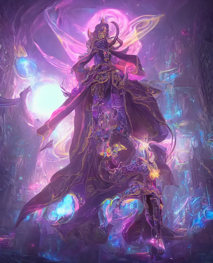 Image similar to concept art of dark magician girl, intricate details, colourful, atmospheric light, omnious cosmic city on the background, dark fantasy, full body, ultra realistic details, unreal engine 5, artstation, only one character, symmetrical, by małgorzata kmiec