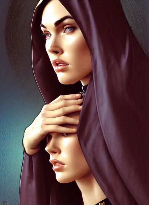 Prompt: portrait of megan fox as a sultry nun, catholic, church, bible, christian, intricate, headshot, highly detailed, digital painting, artstation, concept art, sharp focus, cinematic lighting, illustration, art by artgerm and greg rutkowski, alphonse mucha, cgsociety