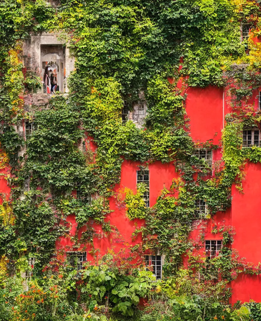 Image similar to a red and orange and yellow concrete house surrounded by rampant vine growth, in a castle garden, dappled sunlight, 35mm photography, in the style of david chipperfield and gregory crewdson