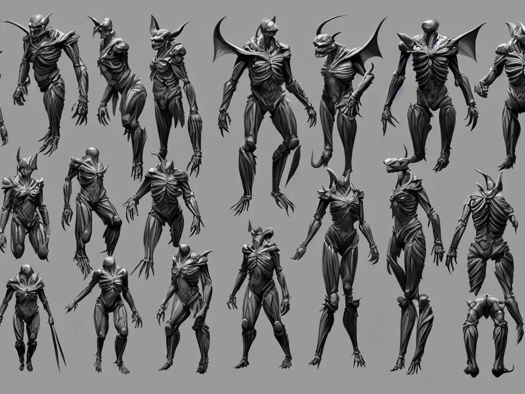 Image similar to game concept art sprite sheet, concept art, muscular, exoskeleton, bat head, turtle skin, hyperrealism, fine detail, artstation, cgsociety, zbrush, no background