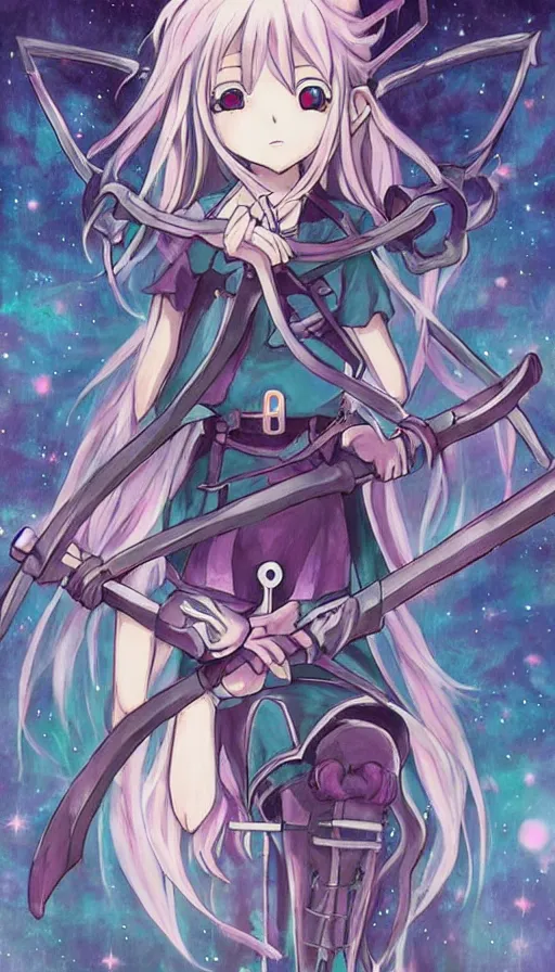 Image similar to a beautiful link drawing of the being death as a cute anime girl with a giant scythe from a studio ghibli film inspired by the death tarot card, dark vibes, pastel colors, cosmic, high quality