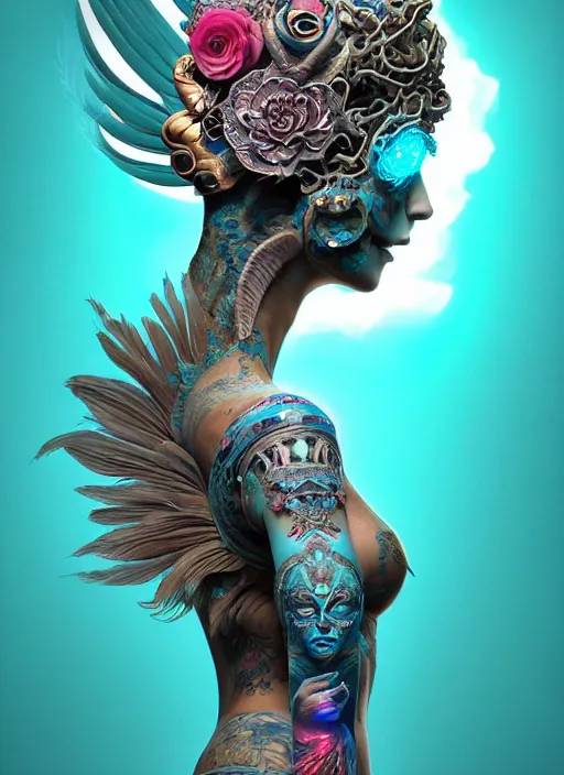 Image similar to 3 d goddess with tattoos profile portrait, sigma 5 0 0 mm f / 5. beautiful intricate highly detailed quetzalcoatl skull and feathers. bioluminescent, plasma, lava, ice, water, wind, creature, thunderstorm! artwork by tooth wu and wlop and beeple and greg rutkowski, 8 k trending on artstation,