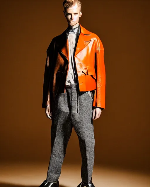 Prompt: a fashion editorial photo of a desaturated orange extremely baggy short ancient medieval designer menswear leather jacket with an oversized collar and baggy bootcut trousers designed by alexander mcqueen, 4 k, studio lighting, wide angle lens