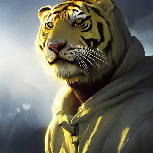 Image similar to a beautfiul award winning aesthetic commission of an antrho albino tiger wearing a yellow-black padded hooded puffer jacket,digital art,art by greg rutkowski,character design by charles bowater,ross tran,photorealistic,detailed face,hyperdetailed,western comic,2021,artstation,deviantart,unreal engine 5