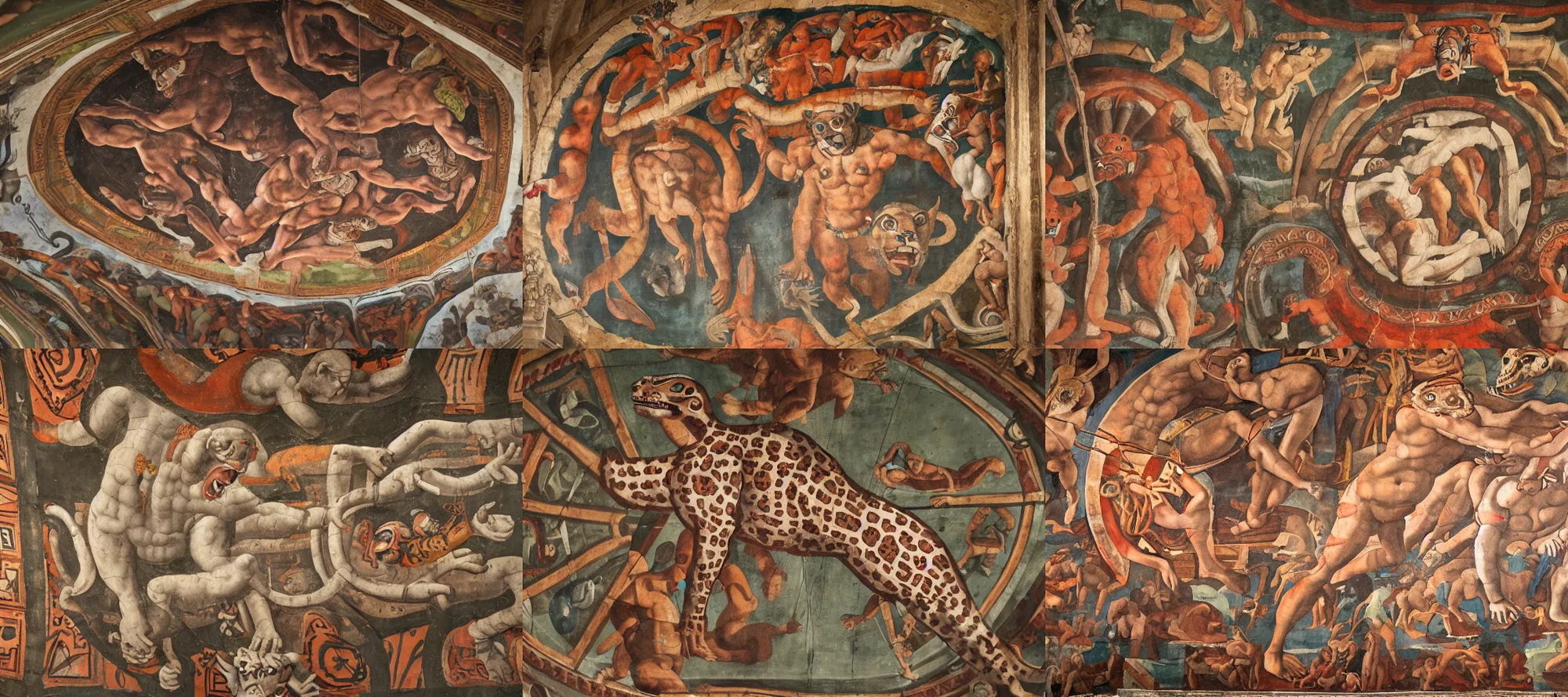 Prompt: A fresco titled The Aztec Jaguar Fiend, cathedral ceiling, single figure focus, human wearing jaguar skins, wide angle, Michelangelo 1550s