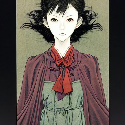 Image similar to prompt : mysterious portrait painted in miyazaki color style drawn by katsuhiro otomo and takato yamamoto, inspired by fables, china doll face, smooth face feature, intricate oil painting, high detail, sharp high detail, manga and anime 2 0 0 0