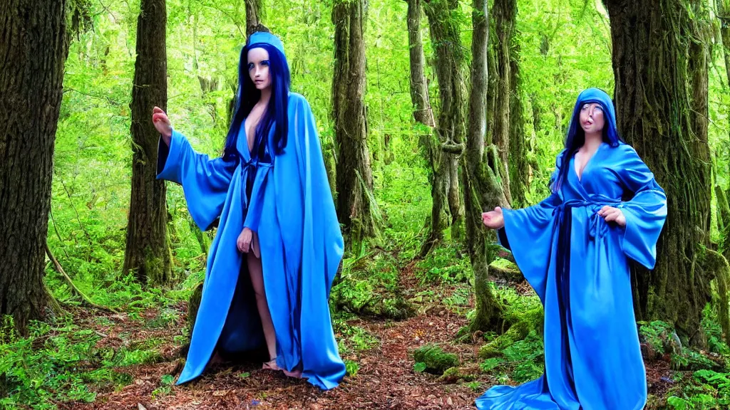 Image similar to beautiful sorceress, blue silky robe, long shot, mystical forest, in the style of davegore