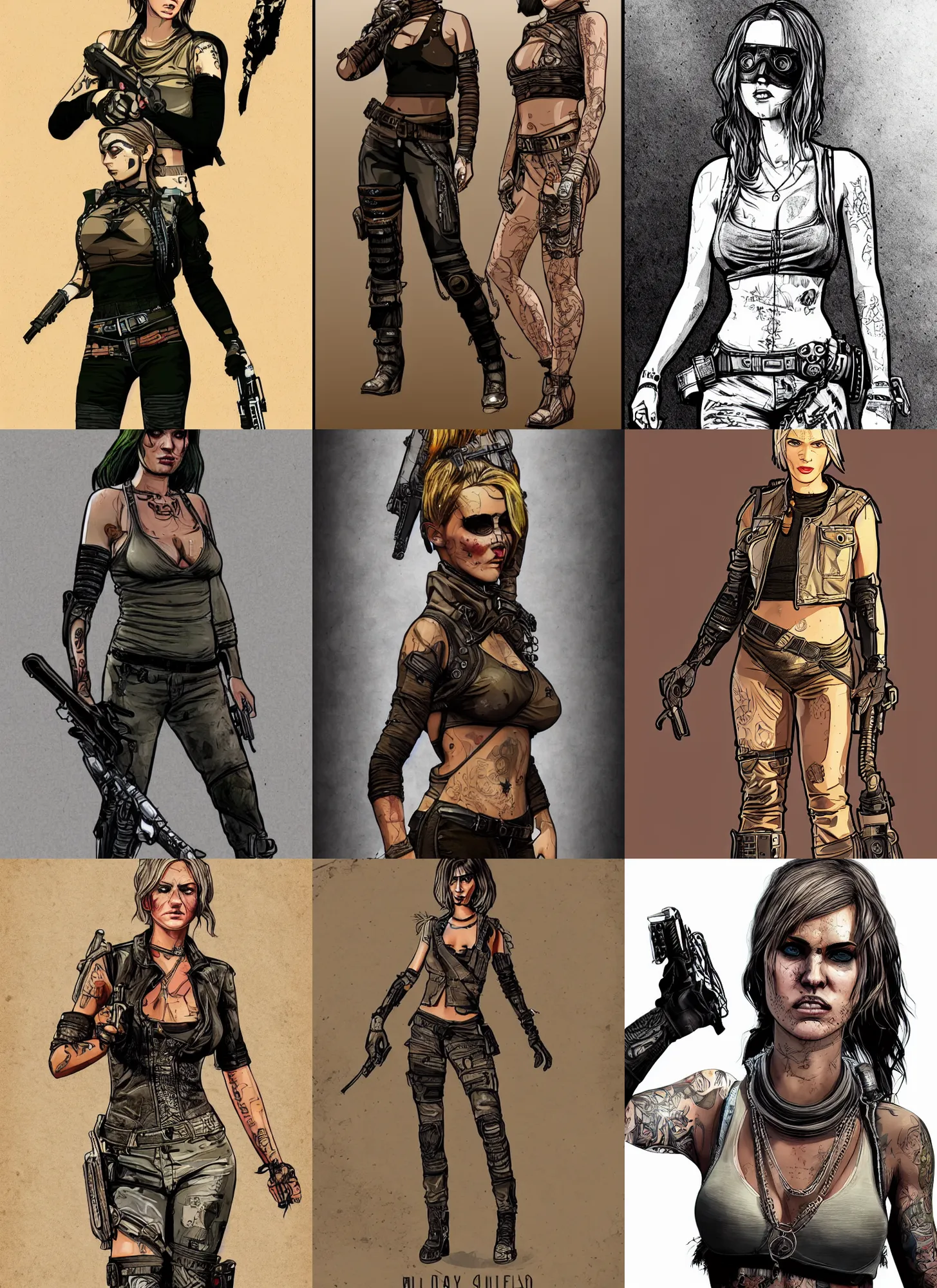 Prompt: full body illustration, cell shaded gtav style mad max female with beautiful face wearing intricate clothing