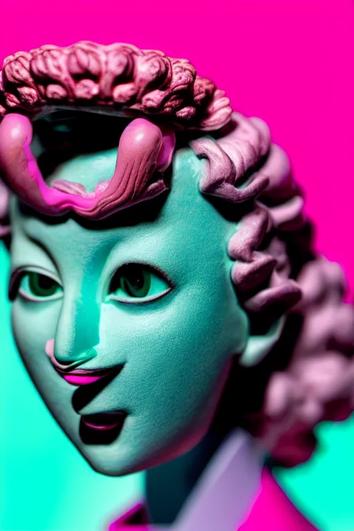 Prompt: hyperrealistic very deatiled profile rococo female face with neon pink eyes and mechanical mouth Stanley Artgermm very soft teal lighting wide angle 35mm shallow depth of field 8k