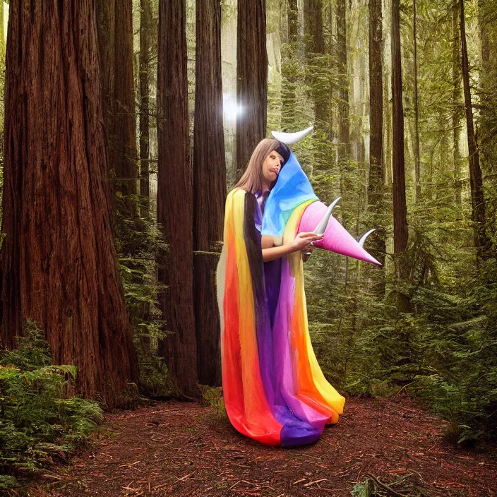 Image similar to a color photograph, closeup portrait of a woman wrapped in plastic, holding a unicorn horn, in a foggy redwood forest, color photograph, by vincent desiderio, canon eos c 3 0 0, ƒ 1. 8, 3 5 mm, 8 k, medium - format print