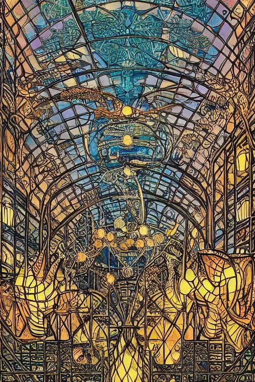 Image similar to interior of steampunk crystal palace, art nouveau, dramatic lighting, ultra - wide view, by hiroshi yoshida, ernst haeckel, moebius