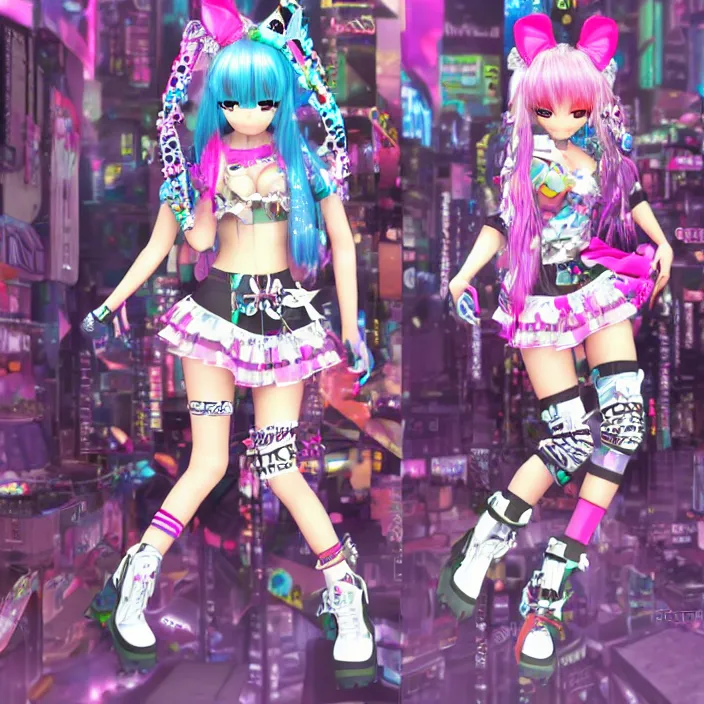 Image similar to 3 d anime render of a decora gyaru kawaii cybergoth emo fashion model vtuber, in a cyberpunk blade runner maximalist city of my melody sanrio plushies, artstation cgsociety