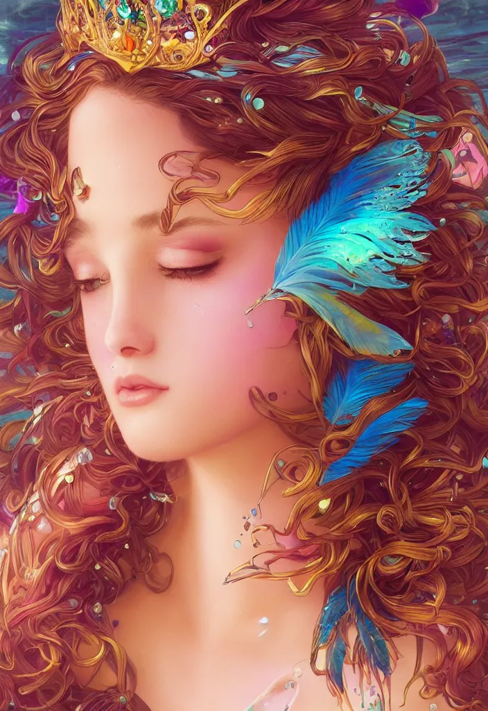 Image similar to beautiful, young woman, detailed gorgeous face, vaporwave aesthetic, synthwave, colorful, psychedelic, water droplets, feathers, crown, artstation, concept art, smooth, extremely sharp detail, finely tuned detail, ultra high definition, 8 k, unreal engine 5, ultra sharp focus, illustration, art by artgerm and greg rutkowski and alphonse mucha