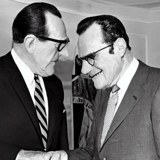 Image similar to presidential debate between waluigi and richard nixon, 1 9 6 0, still, photograph, photo, black and white