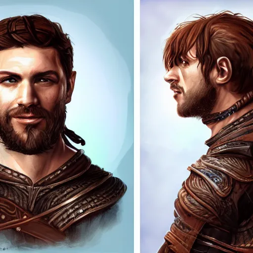 Image similar to realistic portrait, 30 year old man :: athletic, fantasy mage, medieval leather armour, brown clothes :: high detail, digital art, RPG, concept art, illustration