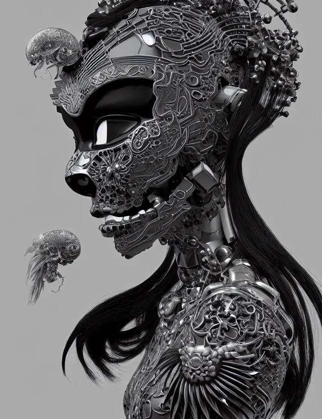 Image similar to 3 d goddess close - up profile simple portrait cybernetic with skull. beautiful intricately detailed japanese crow kitsune mask and clasical japanese kimono. betta fish, jellyfish phoenix, bio luminescent, plasma, ice, water, wind, creature, artwork by tooth wu and wlop and beeple and greg rutkowski