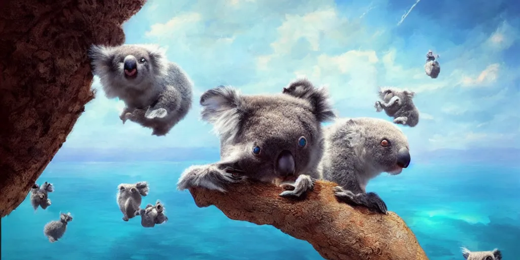 Image similar to Floating evil koalas over a blue ocean, Darek Zabrocki, Karlkka, Jayison Devadas, Phuoc Quan, trending on Artstation, 8K, ultra wide angle, pincushion lens effect.