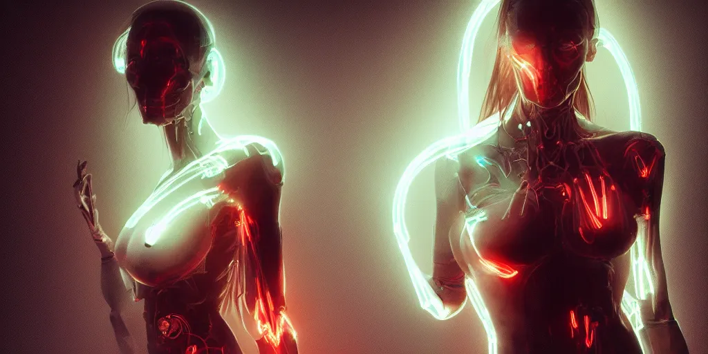 Image similar to female cyborg posing sensual figure x - ray, skeletal, glowing veins under translucent skin, highly detailed skin, bioluminescent, plasma, greg rutkowski, 8 k trending on artstation