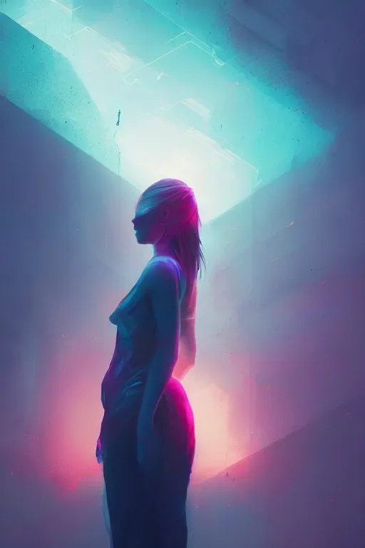 Image similar to A women with glowing colours around her by Greg Rutkowski, beeple, Sung Choi, Mitchell Mohrhauser, Maciej Kuciara, Johnson Ting, Maxim Verehin, Peter Konig, final fantasy, macro lens, 35mm, 8k photorealistic, cinematic lighting, HD, high details, dramatic, dark atmosphere, trending on artstation