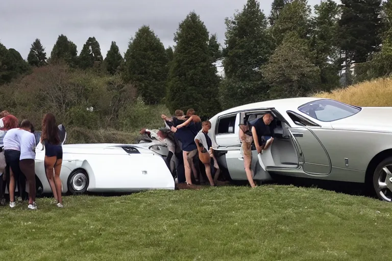 Image similar to Group of teenagers push Rolls-Royce into lake