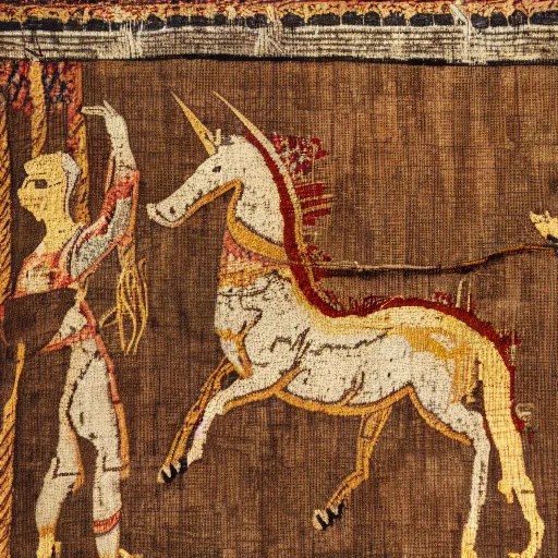 Prompt: highly textured ancient tapestry with a unicorn hunt scene made of threads realistic 15th century, museum