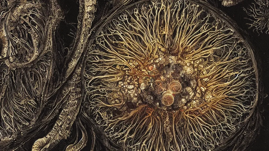 Prompt: beautiful close-up picture of a coronavirus inside a television screen, dark, sinister, hyperdetailed, high contrast, art by Ernst Haeckel and Greg Rutkowski
