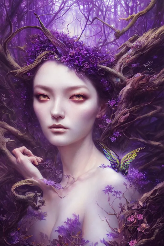 Prompt: ultra detailed photo realistic portrait painting of the empress of the enchanted purple forest, volumetric lighting, by karol bak, greg rutkowski, peter mohrbacher and miho hirano, film poster